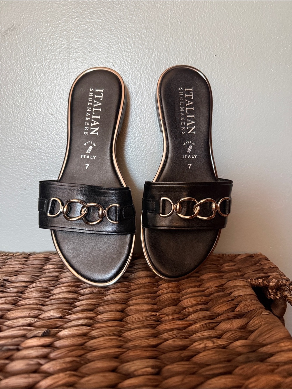 Italian Shoemakers Black Slide Mules with Silver Chain Accent